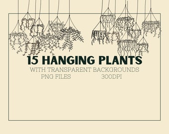 15 Hanging Pots Hanging Plants, Hand Drawn Clipart, Gardening Clipart, PNG files with Transparent Background