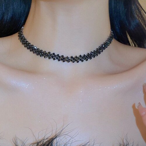 Black Rhinestone Choker Necklace Embellished Statement Etsy
