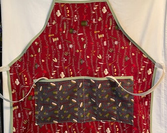 Apron - Food Phrases - Cooking Apron - Baking Apron - Kitchen Apron - Red, Green and Cream print. Double pocket with pots and pans print.
