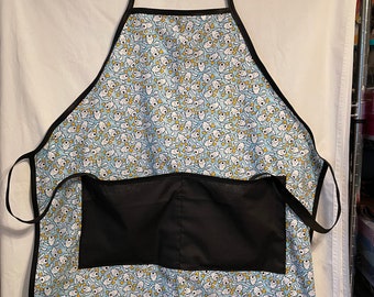 Apron - Dogs and Bones - Cooking Apron - Baking Apron - Kitchen Apron - Black, White, Turquoise and Yellow print. Double pocket in black.