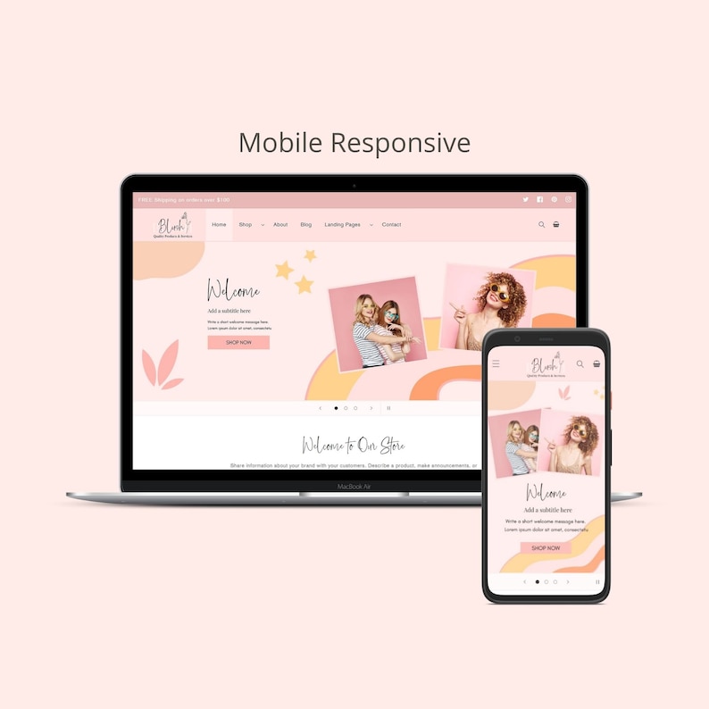 Puede incluir: Una maqueta de sitio web que muestra un dise&ntilde;o adaptable a dispositivos m&oacute;viles. El sitio web es rosa y naranja con un mensaje de bienvenida y un bot&oacute;n de comprar ahora. El sitio web se muestra en una computadora port&aacute;til y un tel&eacute;fono inteligente.