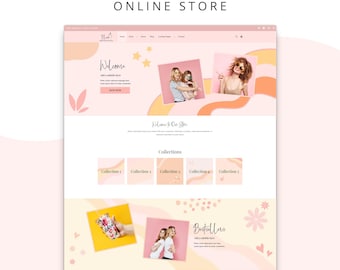 May include: A Shopify 2.0 online store website template featuring a soft pastel pink and peach color palette. The layout includes a header with navigation, a hero section with placeholder images, a collections grid, and a bestseller section.