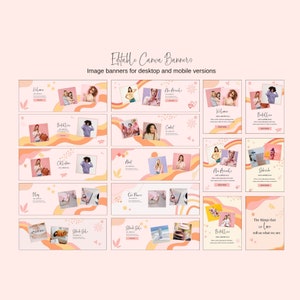 Puede incluir: Una colecci&oacute;n de 16 banners coloridos de redes sociales con un esquema de color rosa y naranja. Los banners presentan una variedad de im&aacute;genes, incluyendo personas, productos y texto. El texto en los banners incluye "Bienvenido", "Nuevos llegados", "Comprar ahora", "Blog", "Nuestros favoritos", "Venta negra", "Los m&aacute;s vendidos", "Contacto", "Acerca de", "Colecciones", "Las cosas que amamos nos dicen qui&eacute;nes somos".