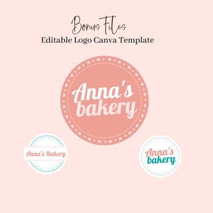 Op de afbeelding: Een roze cirkel met een witte rand en witte stippen, met de tekst "Anna's bakery" in wit. Er zijn twee kleinere cirkels met dezelfde tekst in wit, een met een turquoise rand en witte stippen, en de andere met een lichtblauwe rand en witte stippen.