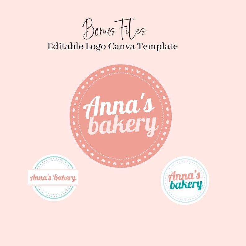 Op de afbeelding: Een roze cirkel met een witte rand en witte stippen, met de tekst "Anna's bakery" in wit. Er zijn twee kleinere cirkels met dezelfde tekst in wit, een met een turquoise rand en witte stippen, en de andere met een lichtblauwe rand en witte stippen.