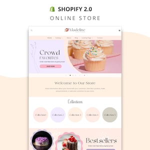May include: A Shopify 2.0 online store website template for a bakery named Madeline. The layout features a hero section with cupcakes, a navigation menu, a collections section with five circular icons, and a bestsellers section with cakes.