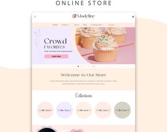 May include: A Shopify 2.0 online store website template for a bakery named Madeline. The layout features a hero section with cupcakes, a navigation menu, a collections section with five circular icons, and a bestsellers section with cakes.