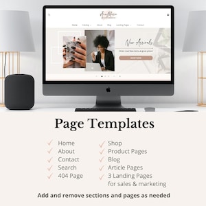 May include: A computer screen displaying a website with the title "Ana Marie" and a list of page templates, including Home, About, Contact, Search, 404 Page, Shop, Product Pages, Blog, Article Pages, and 3 Landing Pages for sales & marketing. The text "Add and remove sections and pages as needed" is also displayed.