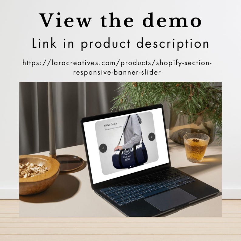 May include: A laptop displays a product demo with a navy blue shoulder bag. The bag has white accents and the text "Captain Mike." The screen also shows the text "View the demo" and "Link in product description."