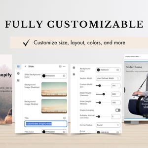 May include: Image showcasing a website design interface with the text "FULLY CUSTOMIZABLE." The interface allows customization of size, layout, and colors. The text "Customize size, layout, colors, and more" is also visible.