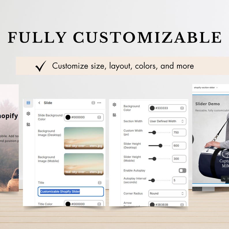 May include: Image showcasing a website design interface with the text "FULLY CUSTOMIZABLE." The interface allows customization of size, layout, and colors. The text "Customize size, layout, colors, and more" is also visible.
