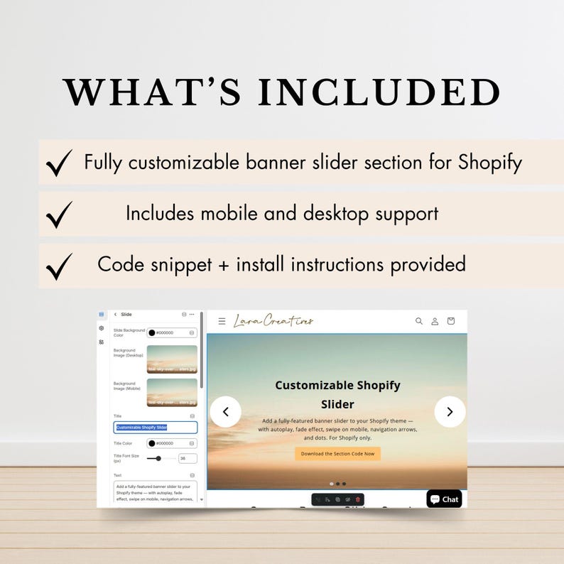 May include: A digital display showcasing a customizable Shopify slider. The image includes the text "WHAT'S INCLUDED" and lists features such as mobile and desktop support, and code snippets. The slider features navigation arrows and a call to action.
