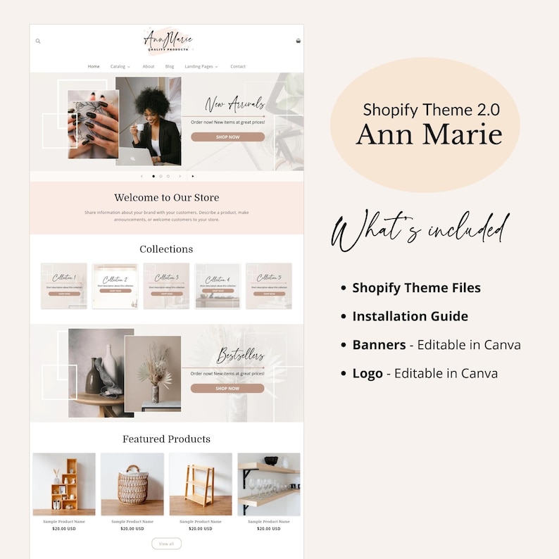May include: A screenshot of a website homepage for an online store called "Ann Marie". The website features a light brown color scheme with a minimalist design. The homepage includes a banner with the text "New Arrivals" and a call to action to "Shop Now". The homepage also includes a section for "Collections" and a section for "Featured Products".
