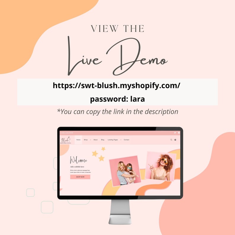 Puede incluir: Una pantalla de computadora que muestra un sitio web con el texto "Bienvenido" y un fondo rosa. El sitio web es para una tienda llamada "Swt Blush". El texto "https://swt-blush.myshopify.com/ contrase&ntilde;a: lara" se muestra debajo de la imagen.