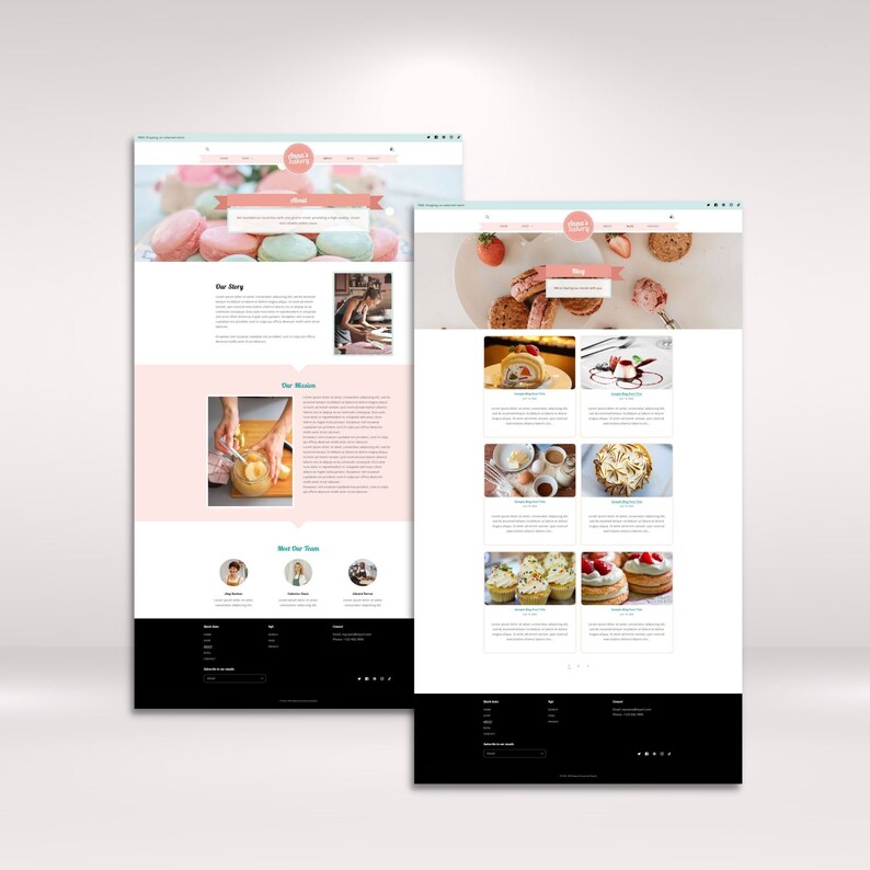 Op de afbeelding: Een website voor een bakkerij genaamd "Sweet & Savory" met een roze en turquoise kleurenschema. De website bevat afbeeldingen van verschillende gebakjes, waaronder macarons, taarten en cupcakes. De website bevat ook informatie over het verhaal, de missie en het team van de bakkerij.