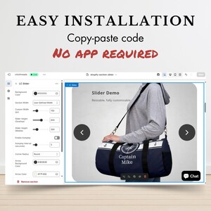 May include: A navy blue duffel bag with white accents and the text "Captain Mike" and a nautical compass design. The bag has a black shoulder strap and is displayed in a website slider demo. Text above reads "Easy Installation, Copy-paste code, NO APP REQUIRED."