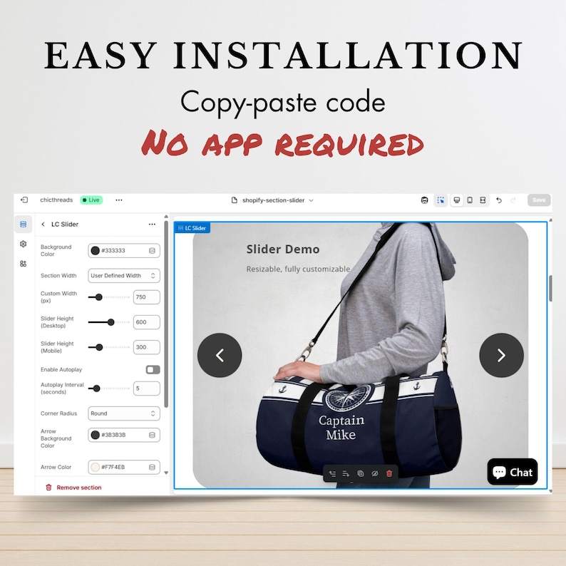 May include: A navy blue duffel bag with white accents and the text "Captain Mike" and a nautical compass design. The bag has a black shoulder strap and is displayed in a website slider demo. Text above reads "Easy Installation, Copy-paste code, NO APP REQUIRED."
