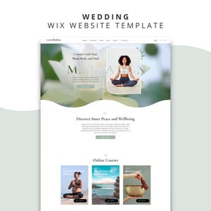 May include: A digital website template for a meditation business featuring a white background with sage green accents. The layout includes a hero section with a lotus flower image, a meditation course section, and text headers reading Wedding Wix Website Template.