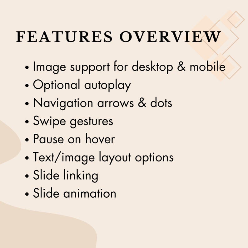 May include: A beige graphic with the words "FEATURES OVERVIEW" in black. Bullet points list features including image support, autoplay, navigation arrows, swipe gestures, pause on hover, text/image layout options, slide linking, and slide animation.