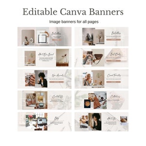 May include: A set of eight editable Canva banners with a neutral color scheme. Each banner features a different image and text, such as "Bestsellers", "About Our Brand", "New Arrivals", "Contact Us", "Blog", and "About Us".