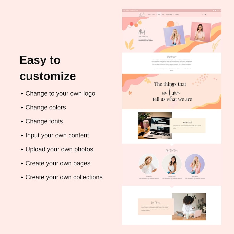 Puede incluir: Una captura de pantalla de un sitio web que muestra un esquema de color rosa y naranja con un encabezado de sitio web que dice "Alot". El texto "The things that we love tell us what we are" se muestra en el sitio web. El sitio web es f&aacute;cil de personalizar con su propio logotipo, colores, fuentes, contenido, fotos, p&aacute;ginas y colecciones.