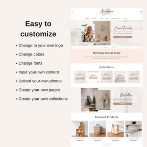 May include: A website homepage for an online shop selling home decor and furniture. The website features a light pink and brown color scheme with a modern design. The homepage includes a banner image with a woman standing in front of a window, a section for featured products, and a section for collections. The website also includes a call to action to shop now.