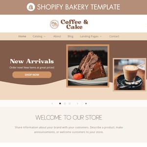 May include: A website template for a bakery, featuring a logo with the text "Coffee & Cake." The design includes sections for new arrivals, a slice of chocolate cake with berries, and a coffee drink. The text "SHOP NOW" is visible.