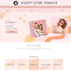 Puede incluir: Una plantilla de sitio web rosa y naranja para una tienda en l&iacute;nea. El sitio web presenta un mensaje de bienvenida, un bot&oacute;n de llamada a la acci&oacute;n y una secci&oacute;n para colecciones de productos. El sitio web est&aacute; dise&ntilde;ado para ser visualmente atractivo y f&aacute;cil de navegar.