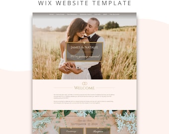May include: A digital wedding website template for Wix featuring a hero image of a couple in a field, a welcome section with text, and a save the date area with event details including September 21, 2024, St. Paul's Chapel, and The Avalon Gardens.