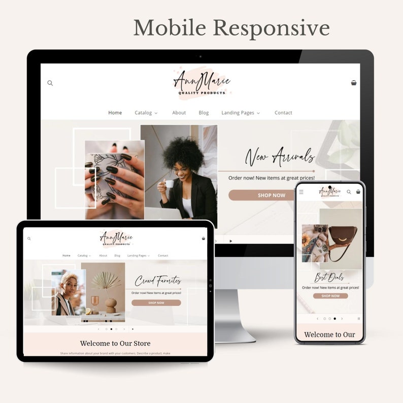May include: A website mockup showing a mobile responsive design for an online store called "Ann Marie Quality Products". The website features a homepage with a "New Arrivals" section, a "Crowd Favorites" section, and a "Best Deals" section. The website is designed to be user-friendly and easy to navigate on both desktop and mobile devices.