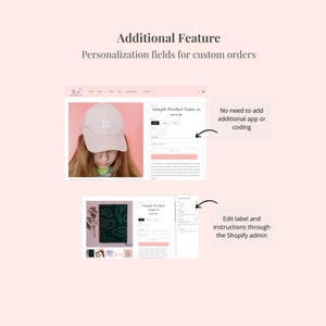 Puede incluir: Captura de pantalla de un sitio web que muestra c&oacute;mo agregar campos de personalizaci&oacute;n a una p&aacute;gina de producto en Shopify. La imagen muestra una gorra de b&eacute;isbol rosa con el texto "Keep it Real" en ella. El texto "Sample Product Name 10" es visible en la p&aacute;gina del producto. El texto "No es necesario agregar una aplicaci&oacute;n o codificaci&oacute;n adicional" es visible en el lado derecho de la imagen. El texto "Editar etiqueta e instrucciones a trav&eacute;s del administrador de Shopify" es visible en la parte inferior derecha de la imagen.