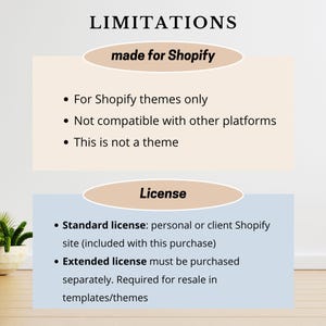 May include: A graphic with the word "LIMITATIONS" at the top, followed by text about Shopify themes and licenses. The text includes details about compatibility, theme usage, and license types for personal or client use and extended use.