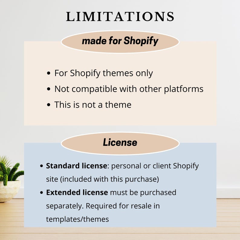 May include: A graphic with the word "LIMITATIONS" at the top, followed by text about Shopify themes and licenses. The text includes details about compatibility, theme usage, and license types for personal or client use and extended use.