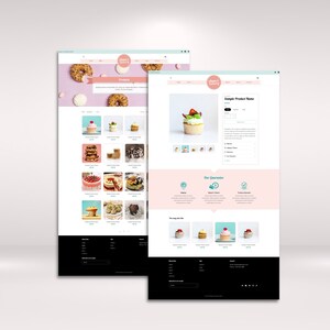 Op de afbeelding: Een website voor een bakkerij genaamd "Sweet Bakery" met een roze en groene kleurstelling. De website biedt een verscheidenheid aan gebak, waaronder cupcakes, koekjes en taarten. De website bevat ook een sectie voor klantbeoordelingen en een sectie "Onze Garantie".