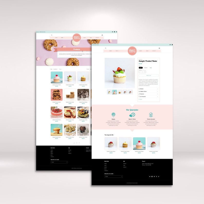 Op de afbeelding: Een website voor een bakkerij genaamd "Sweet Bakery" met een roze en groene kleurstelling. De website biedt een verscheidenheid aan gebak, waaronder cupcakes, koekjes en taarten. De website bevat ook een sectie voor klantbeoordelingen en een sectie "Onze Garantie".