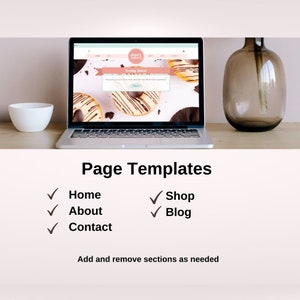 Op de afbeelding: Een laptopcomputer waarop een website voor een bakkerij genaamd "Alan's Bakery" wordt weergegeven. De website heeft een banner met de tekst "Freshly Baked" en een foto van donuts. De tekst "Page Templates" wordt onder de laptop weergegeven, samen met een lijst met veelvoorkomende websitepagina's: Home, About, Contact, Shop en Blog.