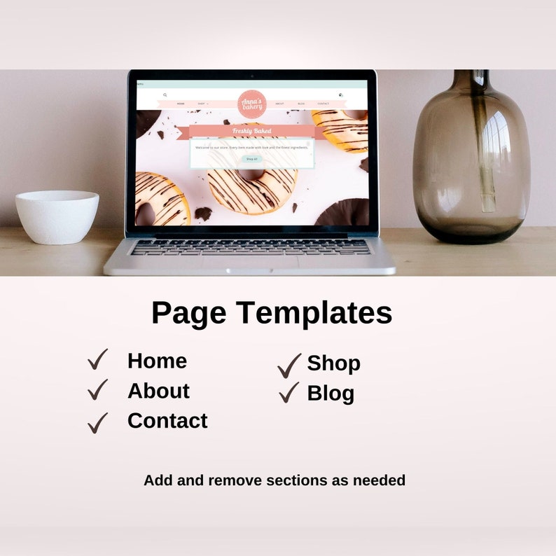 Op de afbeelding: Een laptopcomputer waarop een website voor een bakkerij genaamd "Alan's Bakery" wordt weergegeven. De website heeft een banner met de tekst "Freshly Baked" en een foto van donuts. De tekst "Page Templates" wordt onder de laptop weergegeven, samen met een lijst met veelvoorkomende websitepagina's: Home, About, Contact, Shop en Blog.
