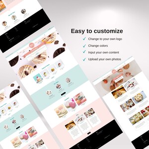 Op de afbeelding: Een website-mockup voor een bakkerij, met een roze en blauwe kleurschema. De website bevat afbeeldingen van gebak, een blogsectie en een contactformulier. De tekst "Eenvoudig aan te passen" wordt bovenaan de pagina in een groot lettertype weergegeven.