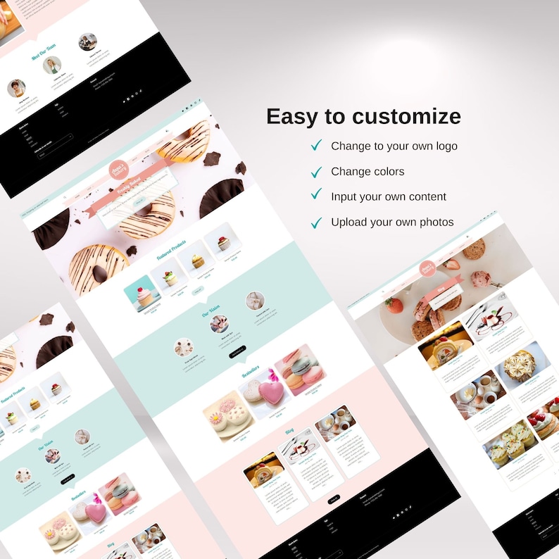Op de afbeelding: Een website-mockup voor een bakkerij, met een roze en blauwe kleurschema. De website bevat afbeeldingen van gebak, een blogsectie en een contactformulier. De tekst "Eenvoudig aan te passen" wordt bovenaan de pagina in een groot lettertype weergegeven.