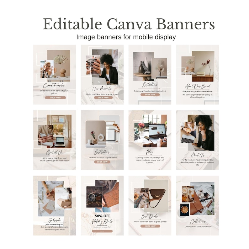 May include: A collection of nine square social media banners with a beige background and brown accents. The banners feature images of products, text, and a call to action. The banners are designed to promote a business or brand.