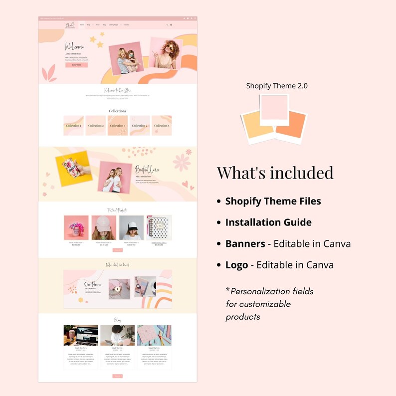 Puede incluir: Un tema de Shopify rosa y naranja con un logotipo rosa y blanco que dice "Wilema". El tema incluye una colecci&oacute;n de productos, banners y un logotipo que se pueden editar en Canva. El tema est&aacute; dise&ntilde;ado para una tienda que vende productos relacionados con la papeler&iacute;a, la decoraci&oacute;n del hogar y el estilo de vida.