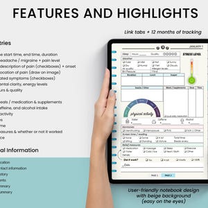 May include: A digital notebook with a user-friendly design, featuring daily entries for tracking headaches, sleep, and other health factors. Includes link tabs and 12 months of tracking. The notebook design has a beige background.