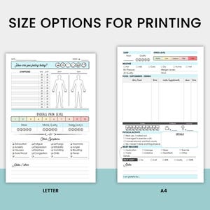 Op de afbeelding: Twee afdrukbare pagina's voor het bijhouden van pijnniveaus en andere symptomen. De linkerpagina heeft een lichaamsschets om pijnpunten te markeren, een pijnniveauschaal en een checklist van symptomen. De rechterpagina heeft secties voor slaap, stressniveau, weer, voedsel, lichaamsbeweging, verlichtingsmaatregelen en notities. De pagina's zijn gelabeld met "Letter" en "A4" om de opties voor de grootte aan te geven.