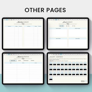 May include: Four printable pages for a medical planner. The pages include sections for medication summary, annual summary, medical information, and a January overview calendar.