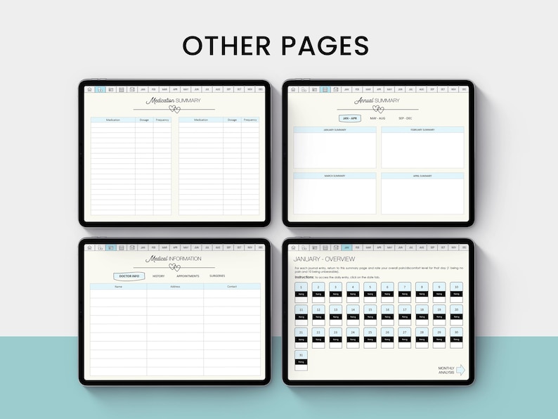 May include: Four printable pages for a medical planner. The pages include sections for medication summary, annual summary, medical information, and a January overview calendar.