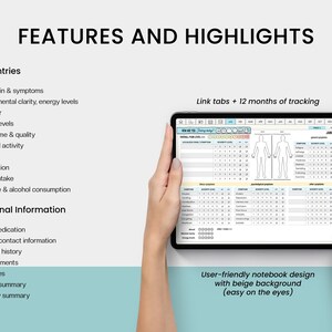 May include: A digital health tracker with 12 months of tracking and link tabs. The tracker has a user-friendly notebook design with a beige background. The tracker includes sections for daily entries, such as pain, mood, sleep, and physical activity, as well as additional information, such as medication, doctor contact, and medical history.