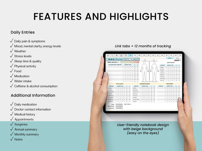 May include: A digital health tracker with 12 months of tracking and link tabs. The tracker has a user-friendly notebook design with a beige background. The tracker includes sections for daily entries, such as pain, mood, sleep, and physical activity, as well as additional information, such as medication, doctor contact, and medical history.