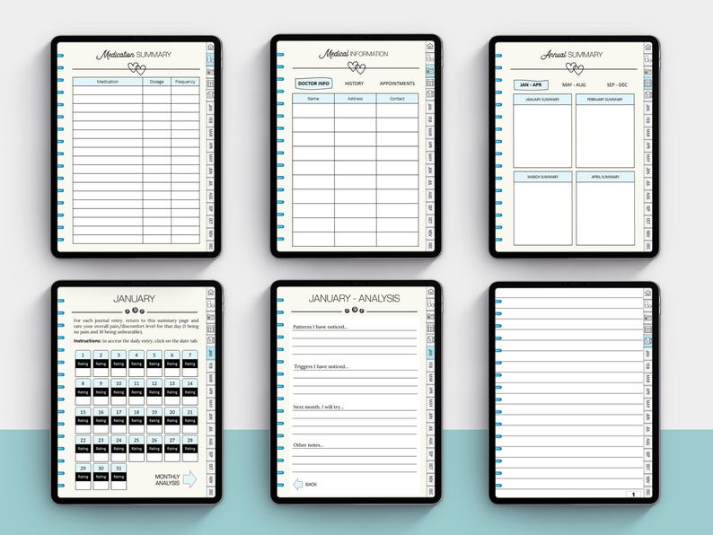 May include: Digital planner pages displayed on black tablets. The pages include sections for medication summaries, medical information, annual summaries, and monthly analysis. Each page has a cream background with blue accents and a black border. The tablets are arranged on a light blue and white surface.