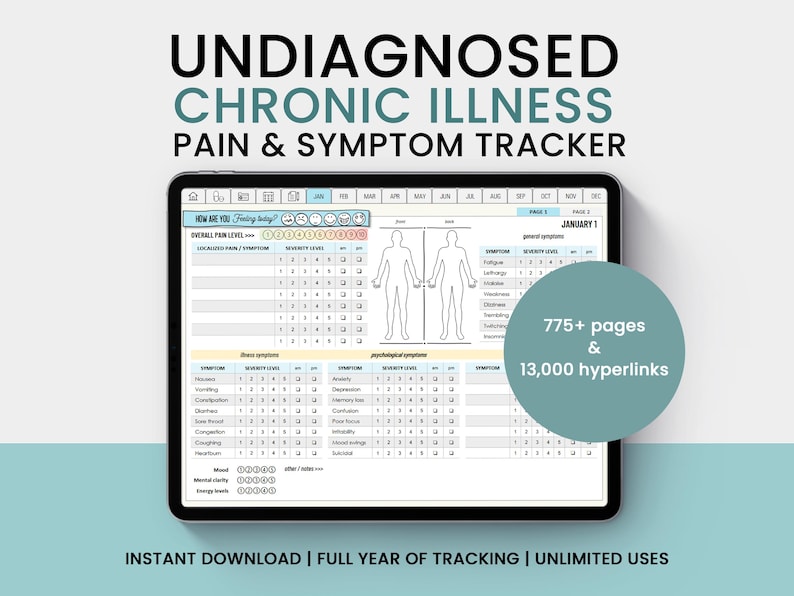 May include: A digital pain and symptom tracker for people with undiagnosed chronic illness. The screen shows a calendar, a body diagram, and a list of symptoms. The text "775+ pages & 13,000 hyperlinks" is displayed in a blue circle. The text "INSTANT DOWNLOAD | FULL YEAR OF TRACKING | UNLIMITED USES" is displayed at the bottom of the image.
