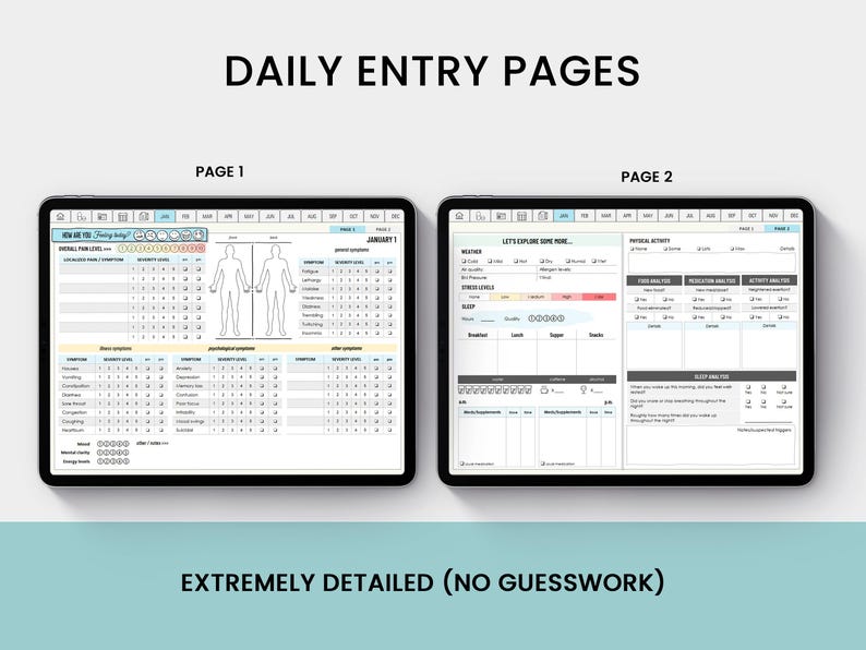 May include: Two pages of a daily tracker journal with sections for tracking mood, sleep, physical activity, and other health metrics. The journal is designed to help users track their progress and make informed decisions about their health.